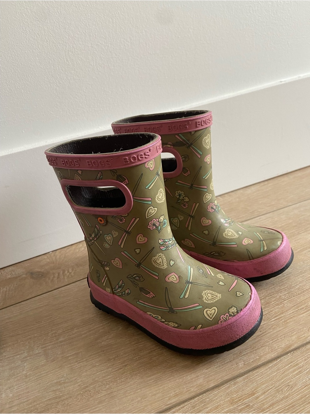 Bogs Olive and Pink Heart-Print Toddler Rain Boots